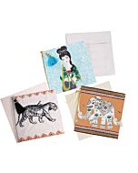 drei quadratische bunt bedruckte Karten, mit Tiger-Motiv, mit Elefant-Motiv und mit Japan-Motiv