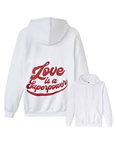 weißer Hoodie in Vorder- und Rückenansicht. Auf dem Rücken steht in roter Schrift: Love is a Superpower